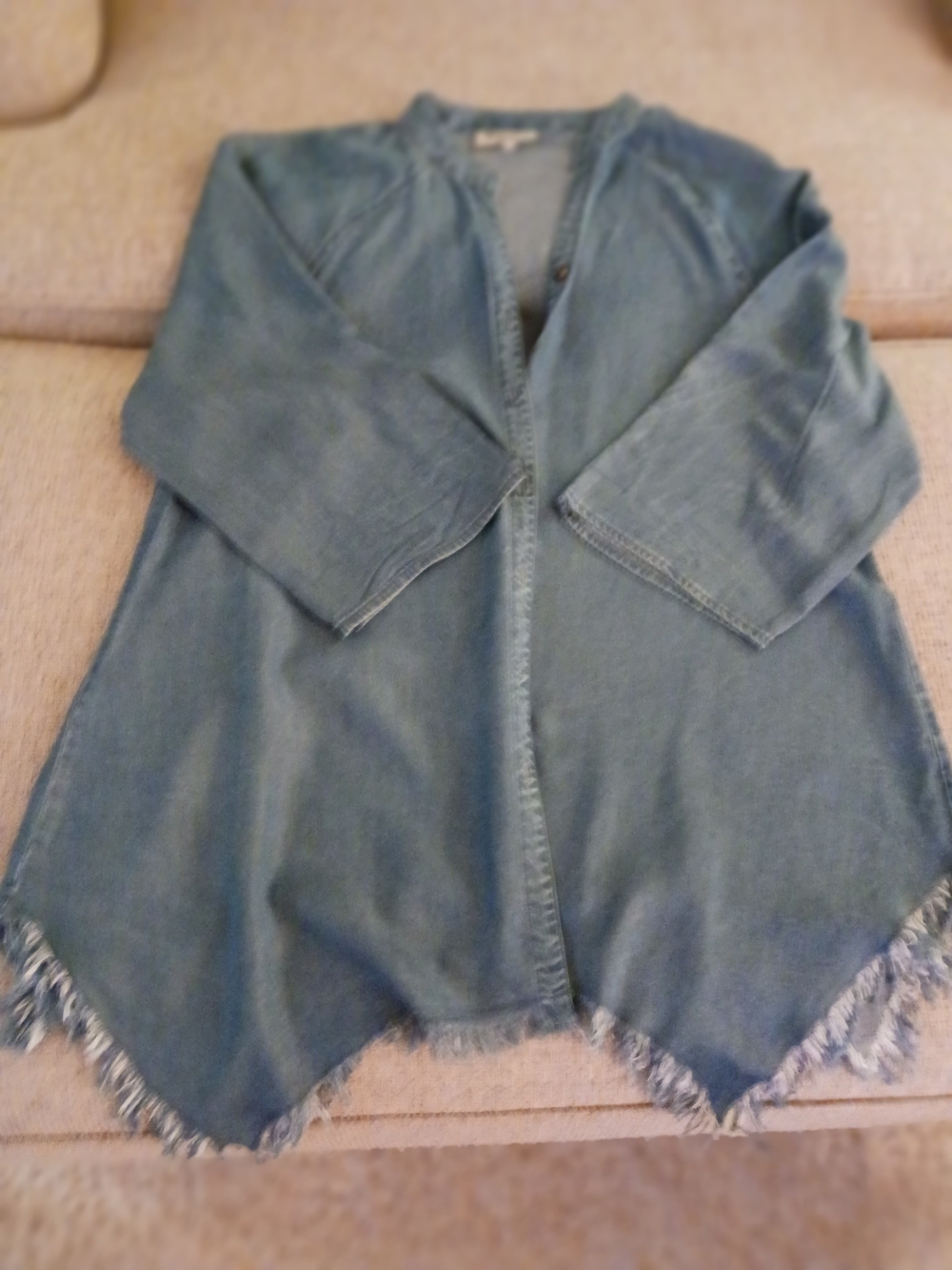 Relaxed Open-Front Frayed-Hem Jean Jacket - Blue